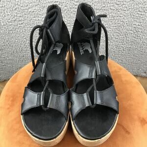 Sorel Joanie II Lace Wedge Sandals Womens Size 8.5 Black Leather Cork Platform